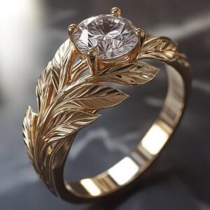 anillos de oro con hojas talladas y sirconia al centr