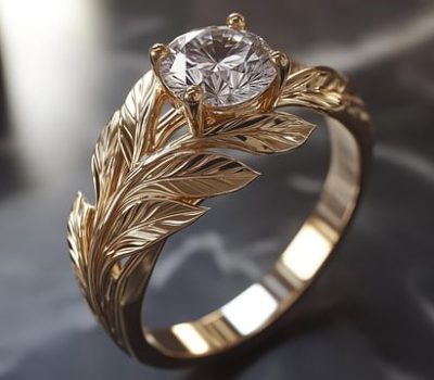 anillos de oro con hojas talladas y sirconia al centr